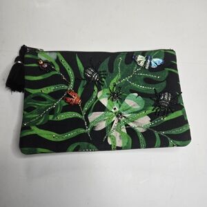 Consigned By Design Green Tropical Embellished Zip Cosmetic Pouch A7